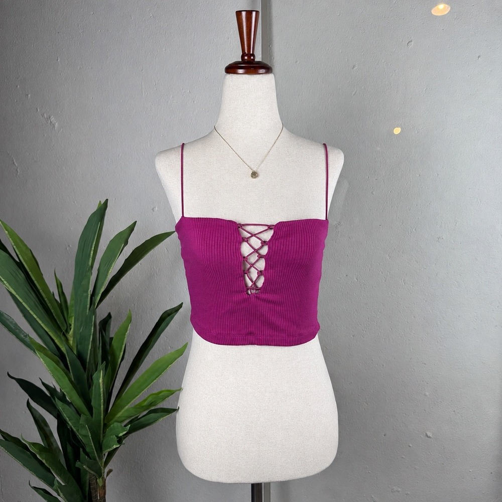 Festival Indie Free People Magenta Ribbed Crop Top Womens XS Purple Lace Cami
